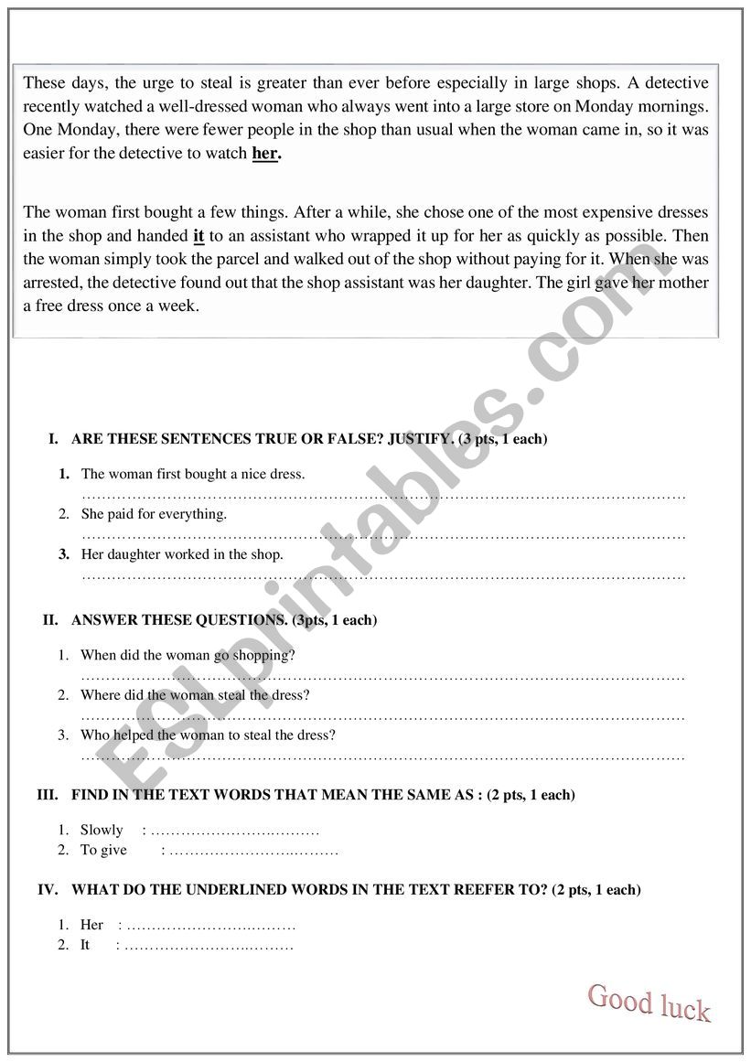 reading comprehension  worksheet