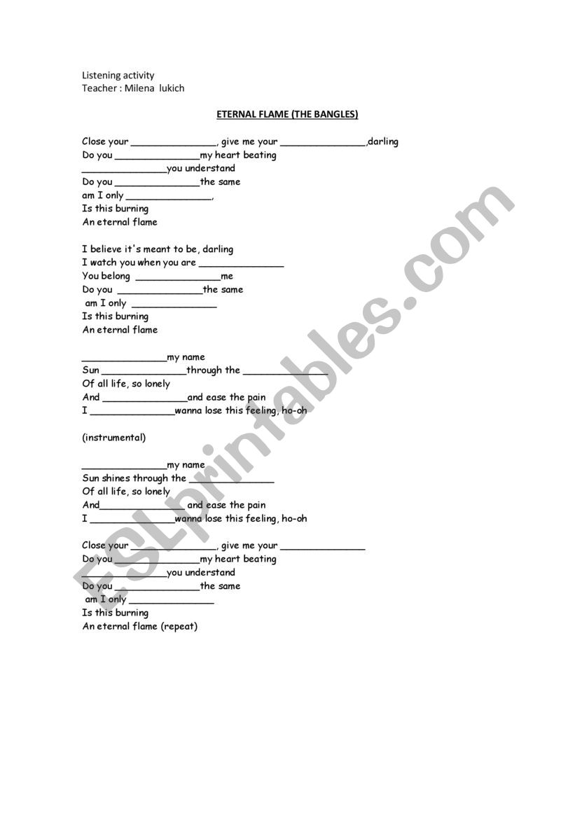 Eterrnal flame worksheet