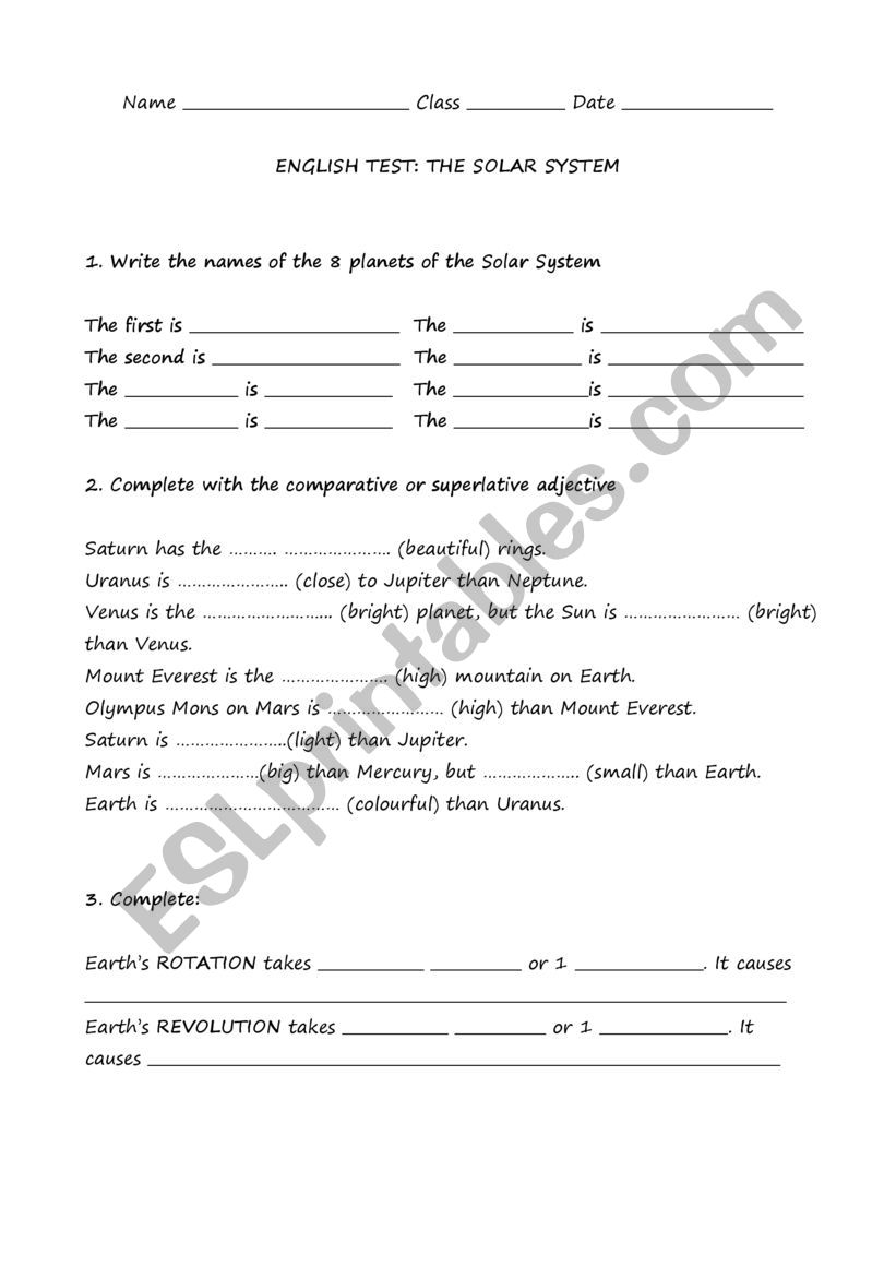 Solar System test worksheet