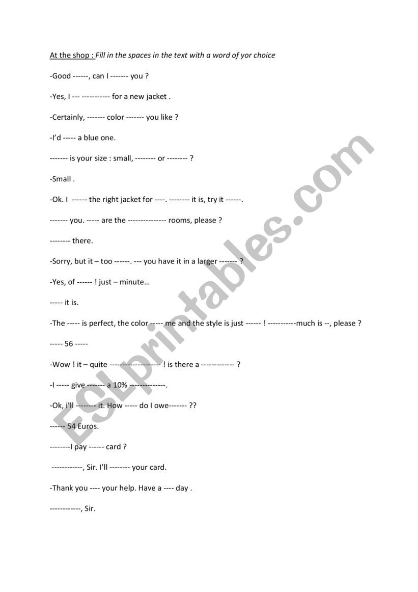 dialogue a the shop worksheet