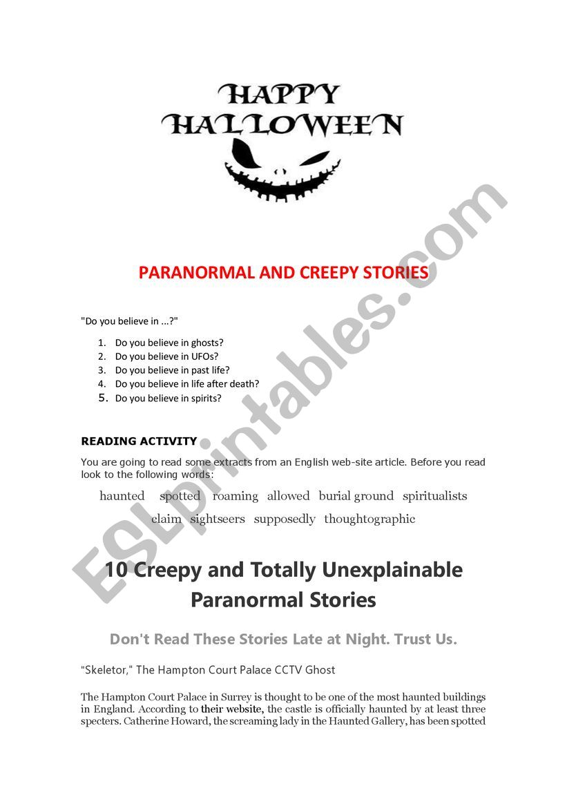 Paranormal and Creepy Stories worksheet