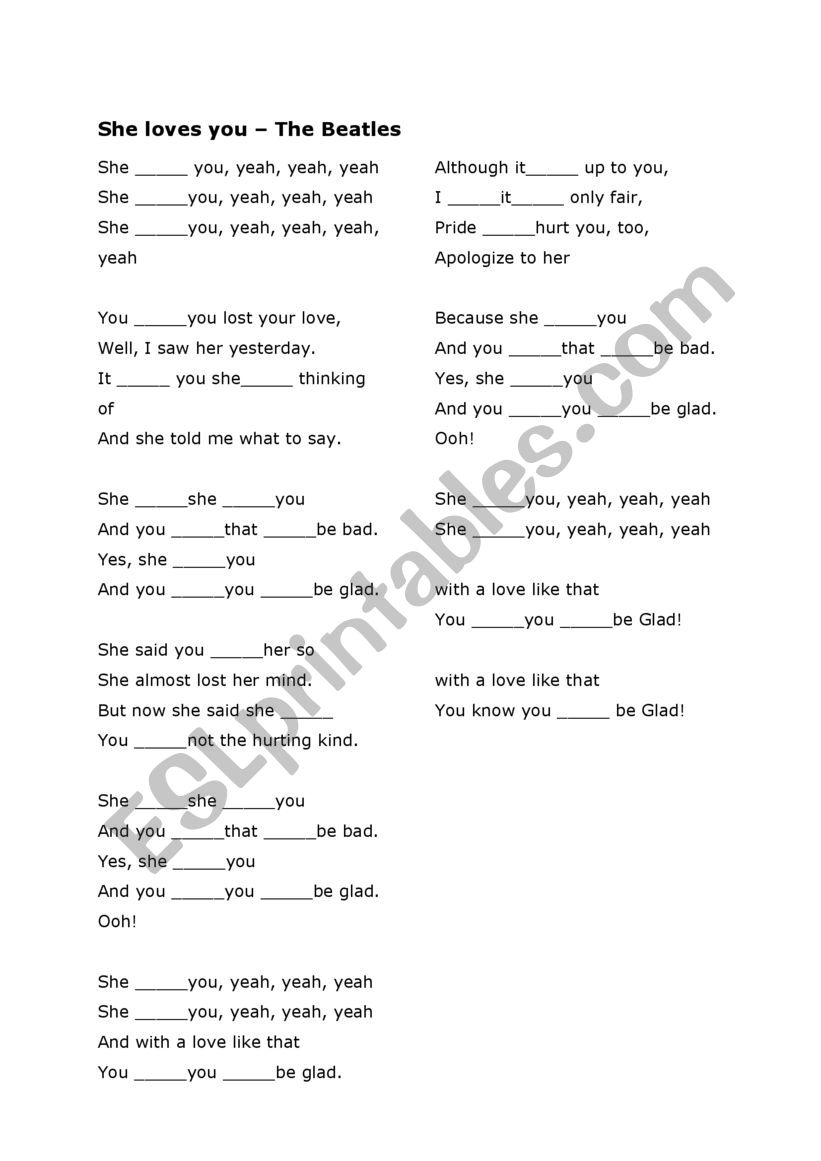 She loves you worksheet