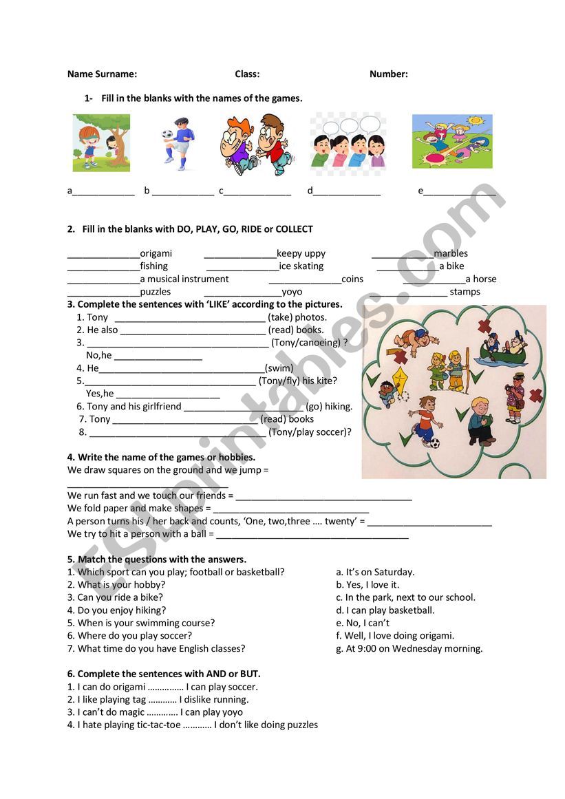 games and hobbies quiz worksheet