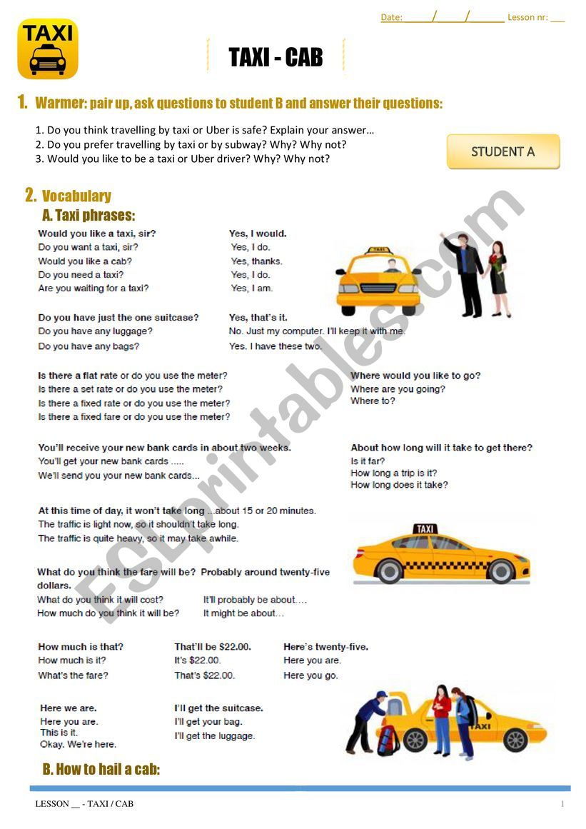 TAXI - CAB Lesson for Intermediate Students + KEY
