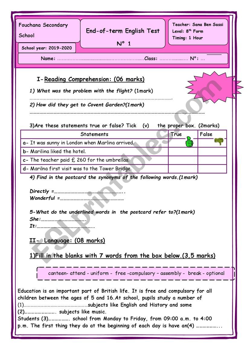 8th form end term test1 worksheet