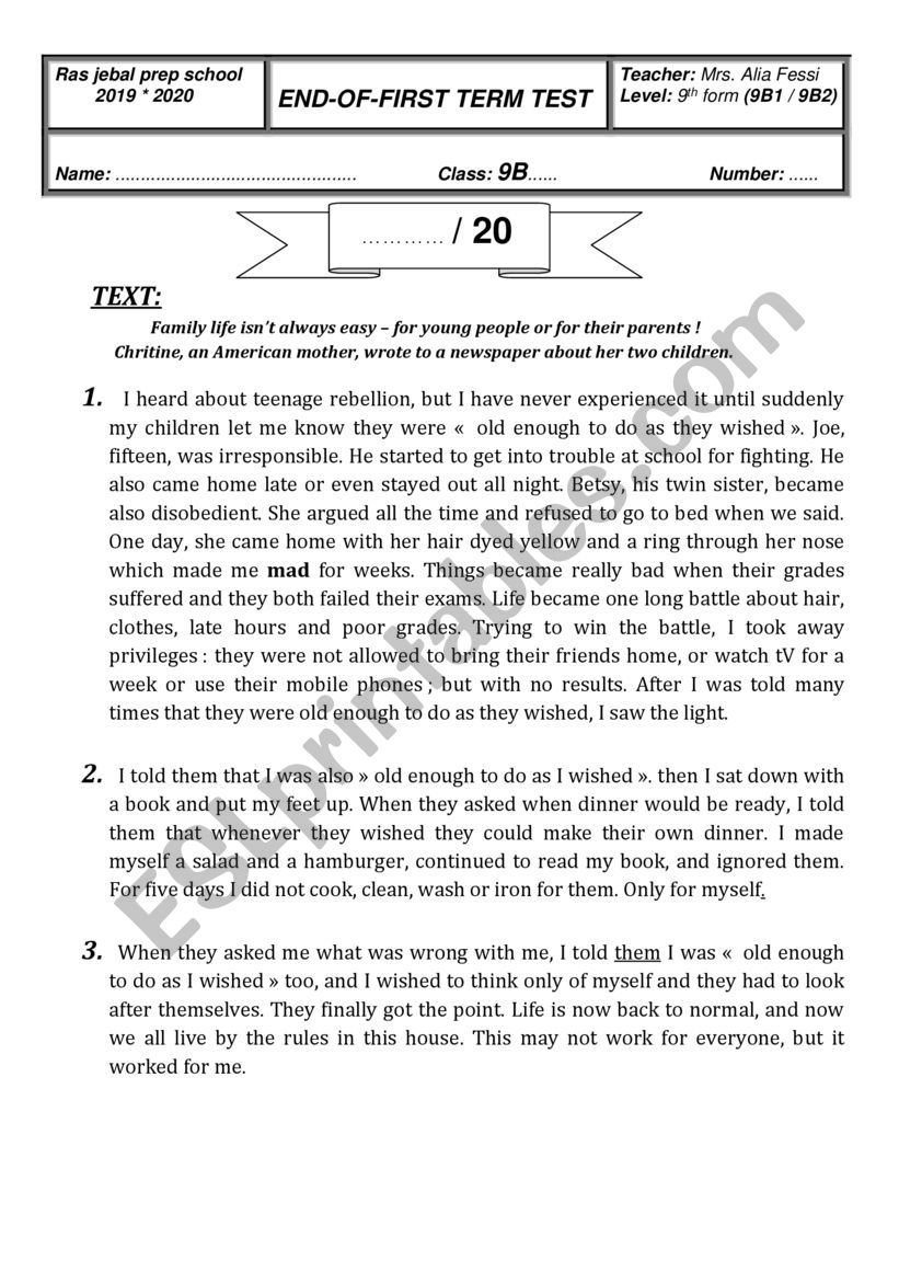  9TH FORM END OF FIRSTTERM TEST 