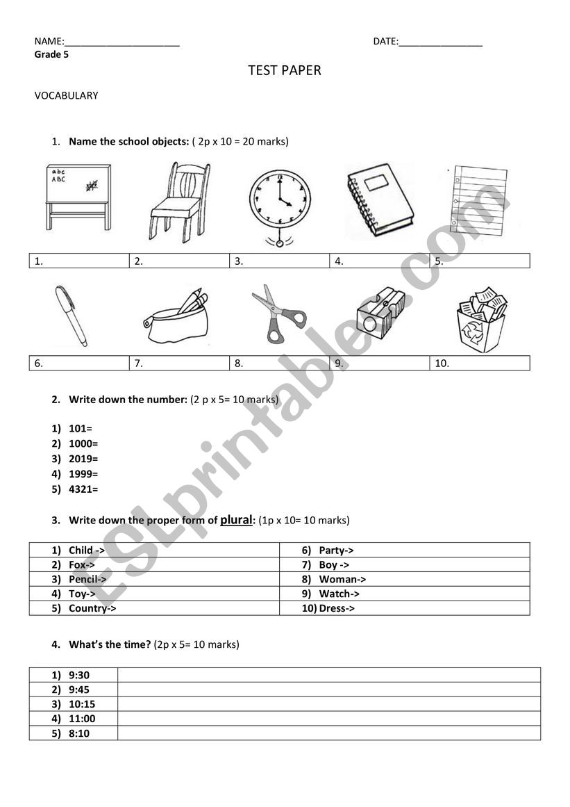 Test Paper Fifth Grade worksheet