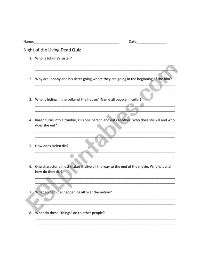 Night of the Living Dead Film Quiz - ESL worksheet by aisidoro