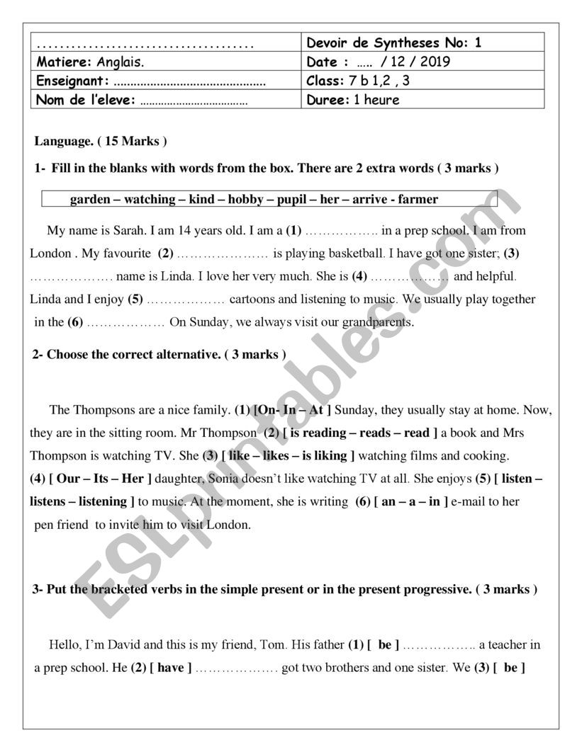 7th form full term test 1  worksheet