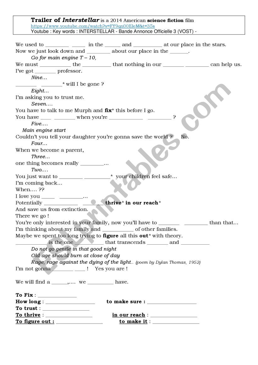 Interstellar - the trailer -  worksheet