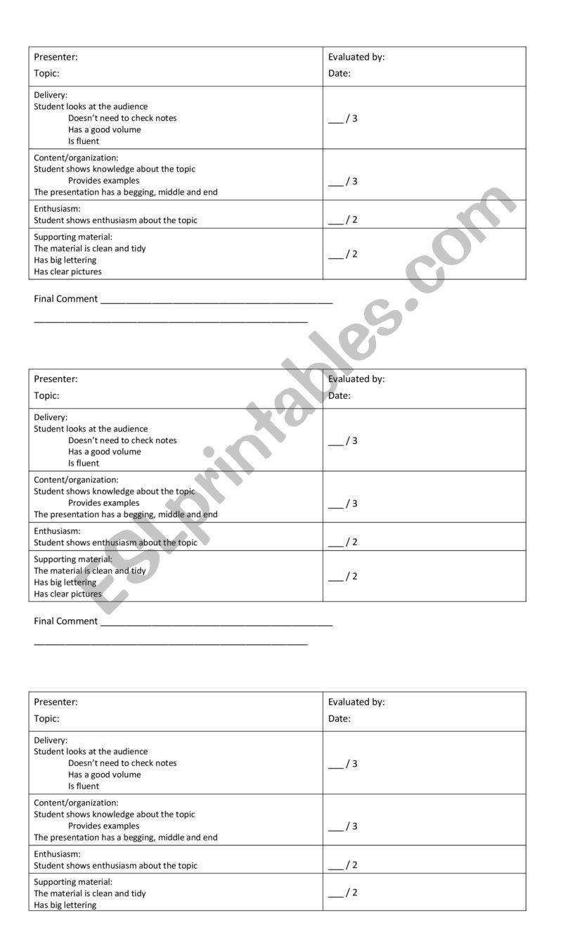 ORAL RUBRIC worksheet