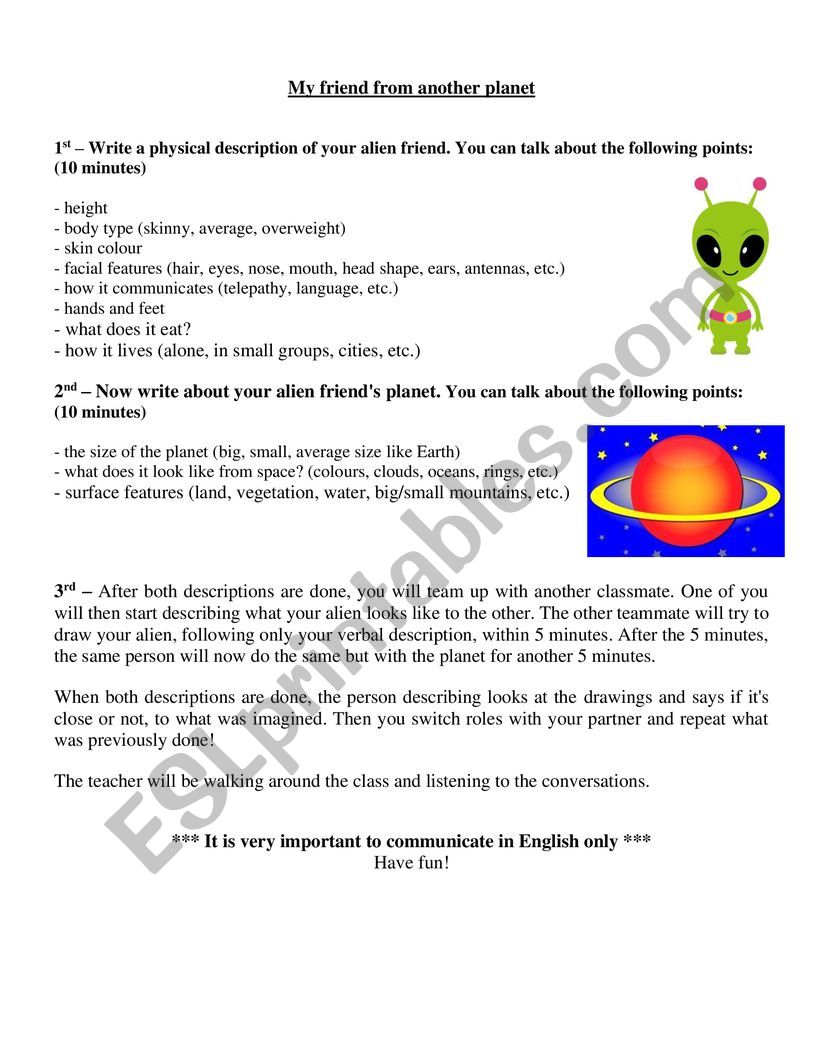 My friend from another planet worksheet