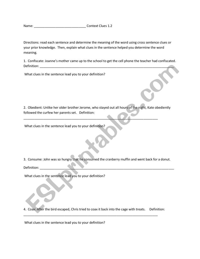 Context Clues worksheet