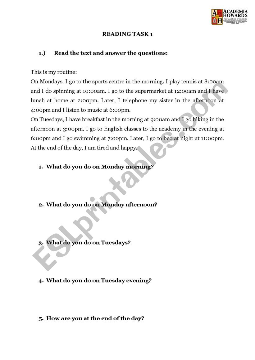 Routines elementary reading worksheet