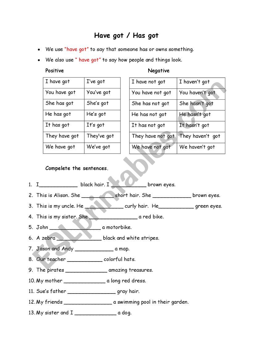 HAVE GOT / HAS GOT worksheet