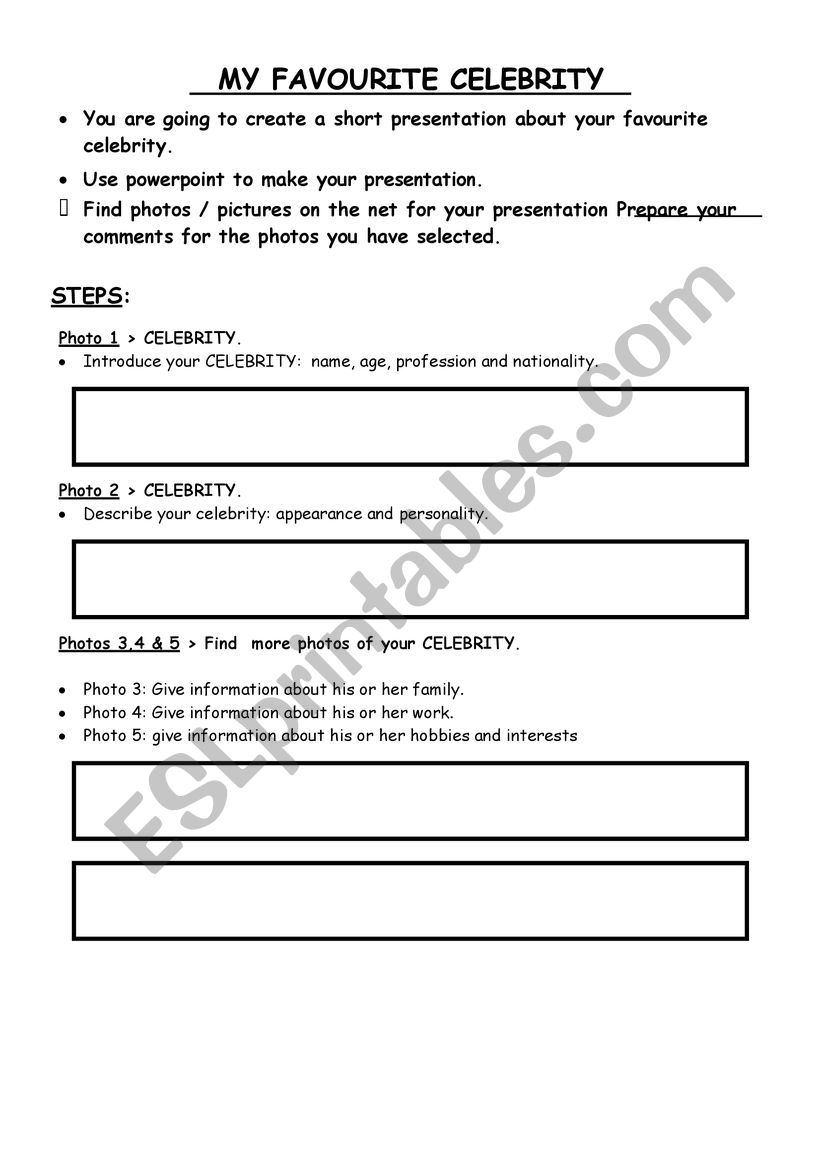 My favourite celebrity worksheet