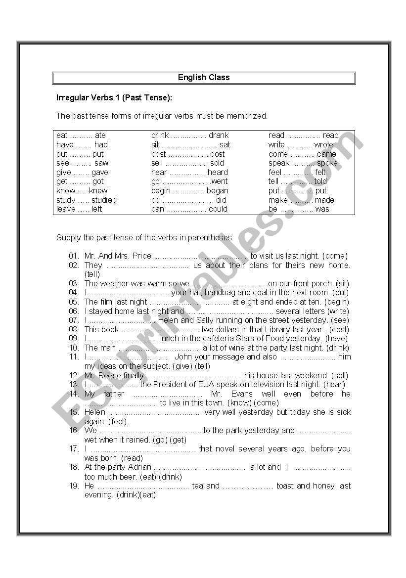 past tense list worksheet