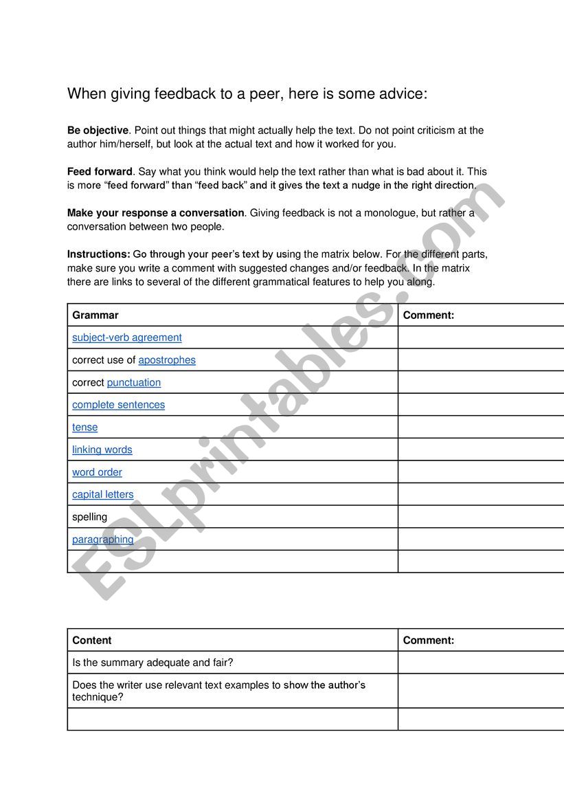 Feed back worksheet