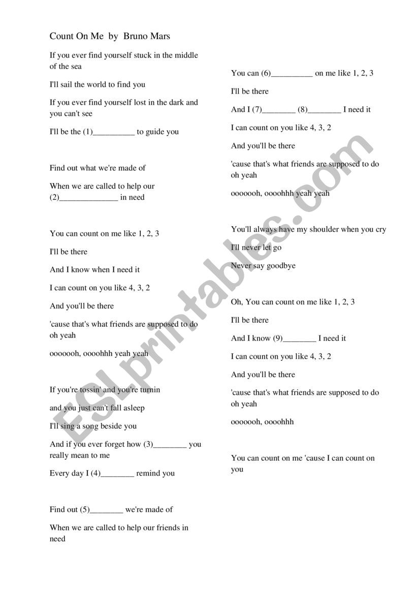 Count on me Bruno Mars song worksheet