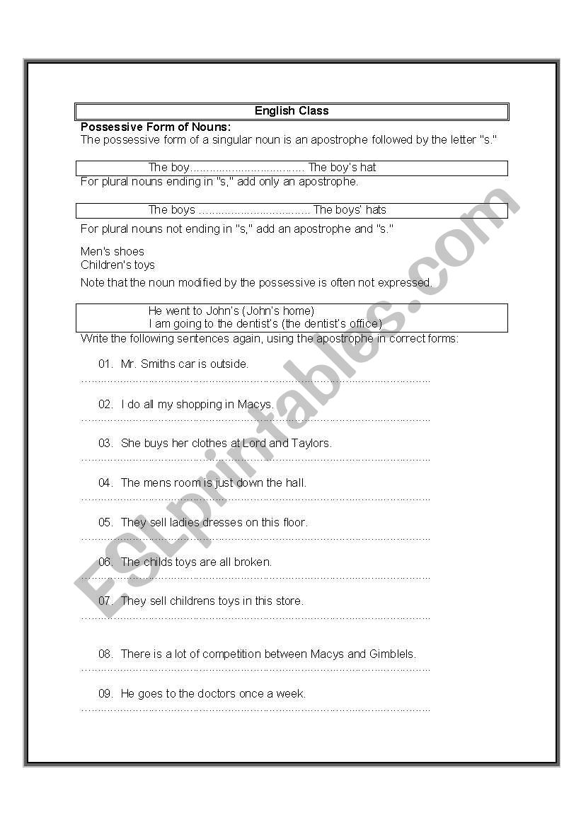 possessive forms of nouns worksheet