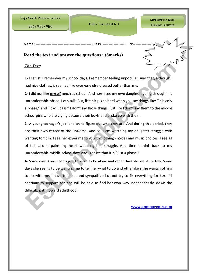 full term test 1/9th form worksheet