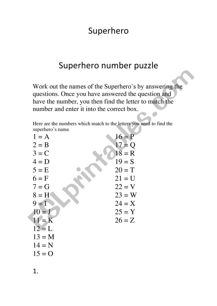 Super hero worksheet