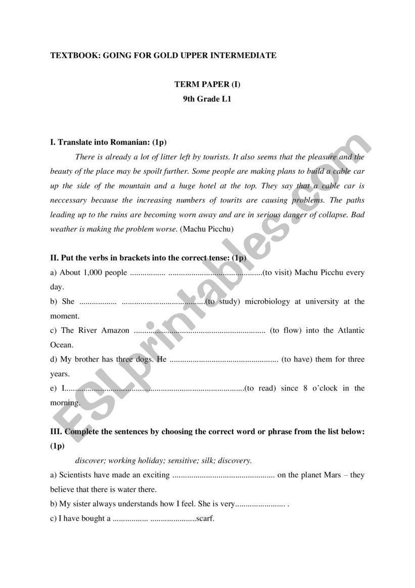 TERM PAPER/TEST  worksheet