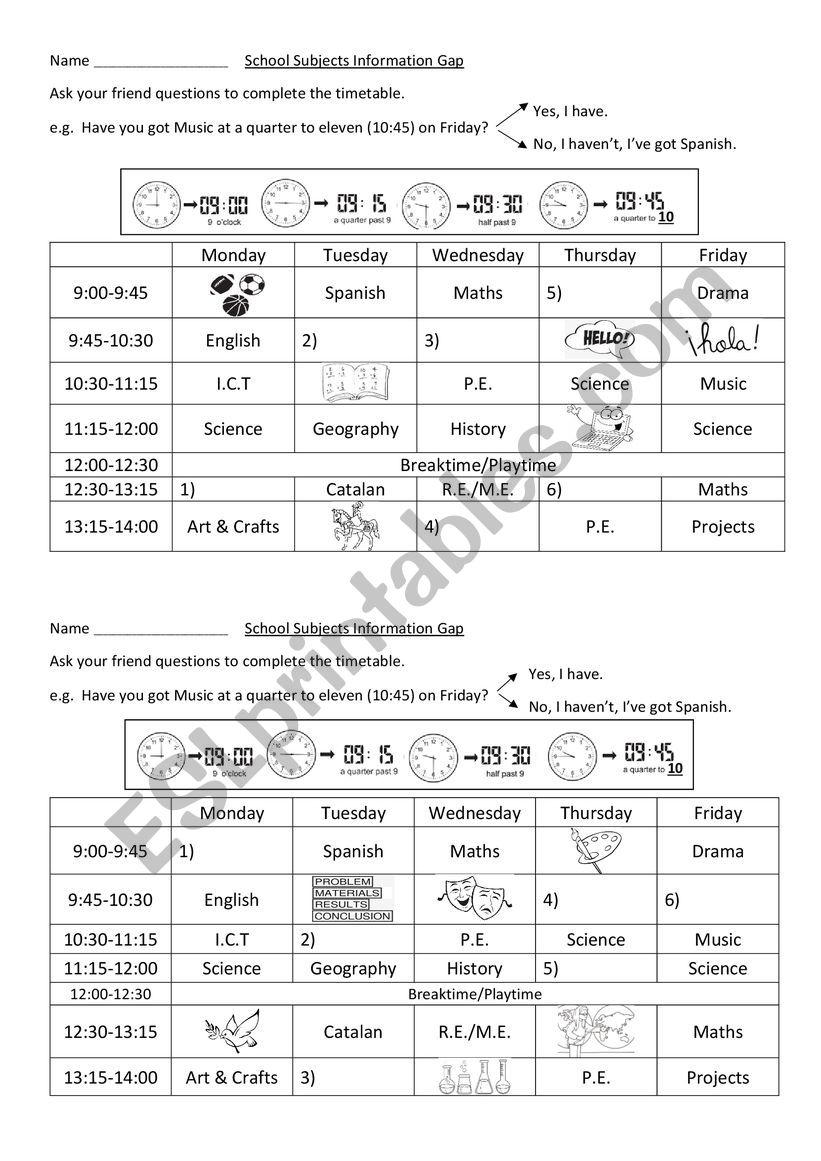 School timetables worksheet