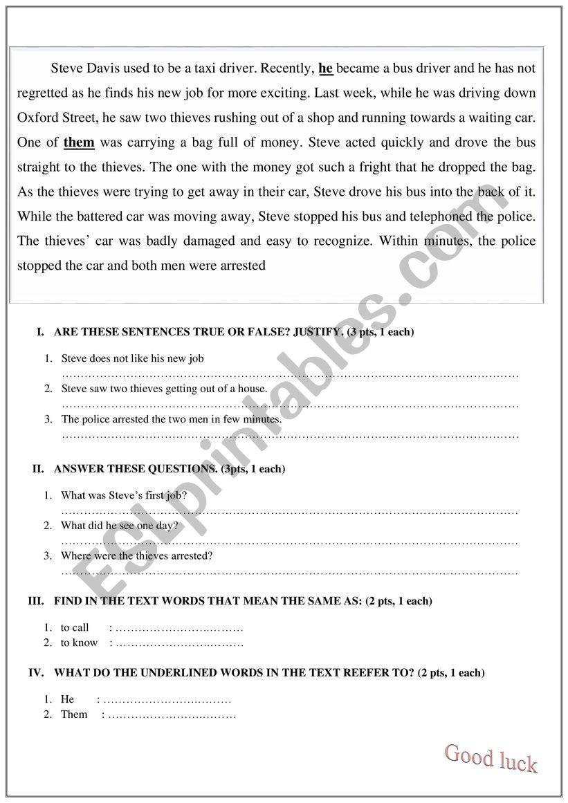 reading comprehension  worksheet