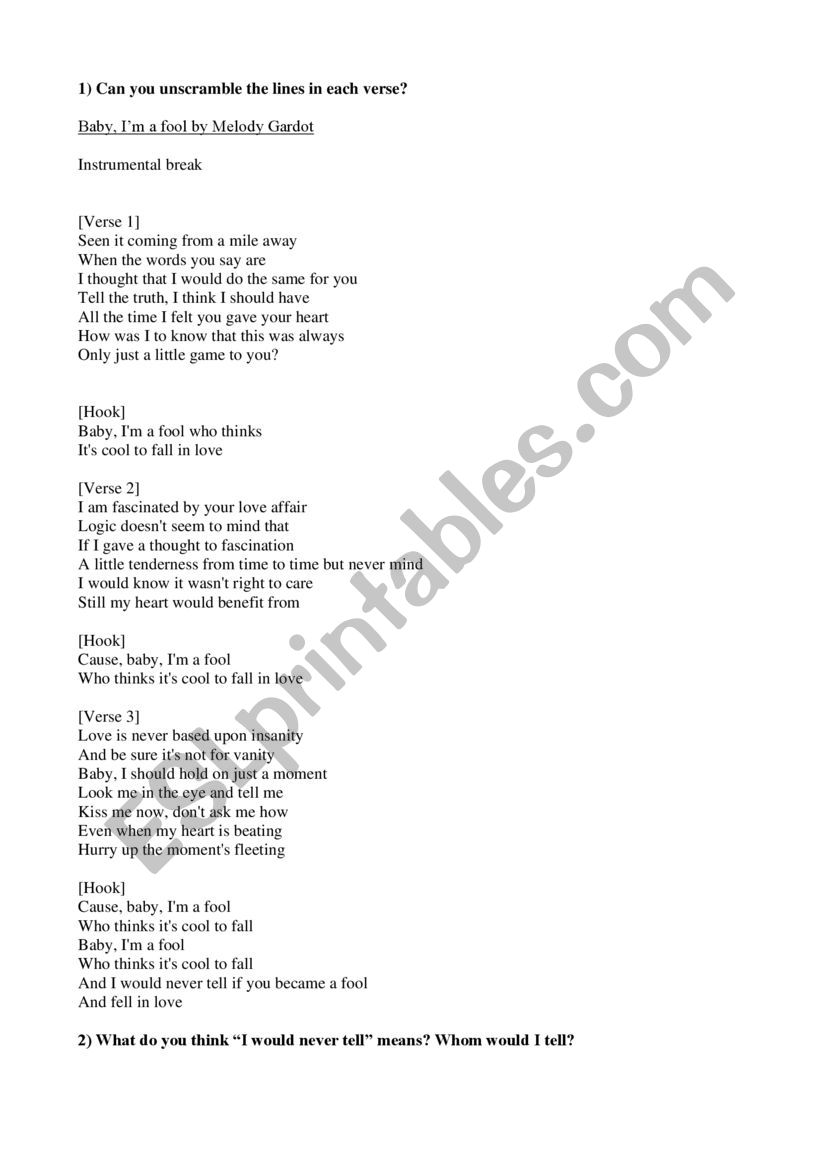 JAZZ LOVE SONG-MELODY GARDOT worksheet