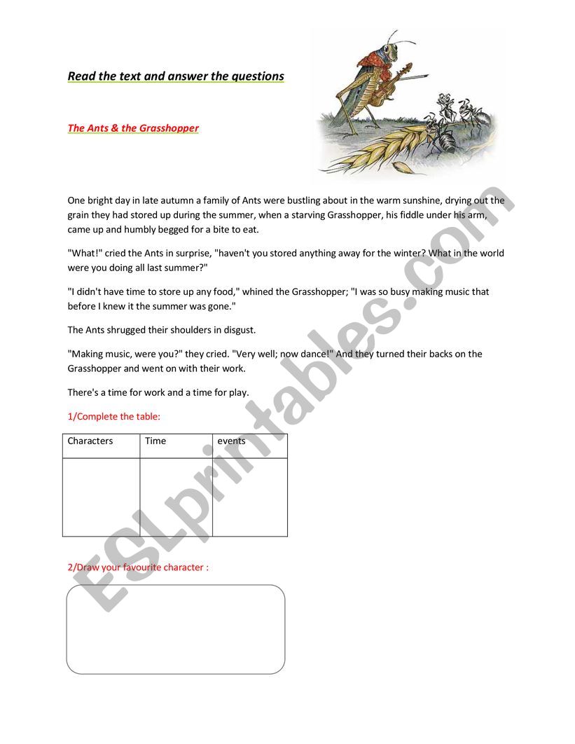 the ant and the grasshopper worksheet