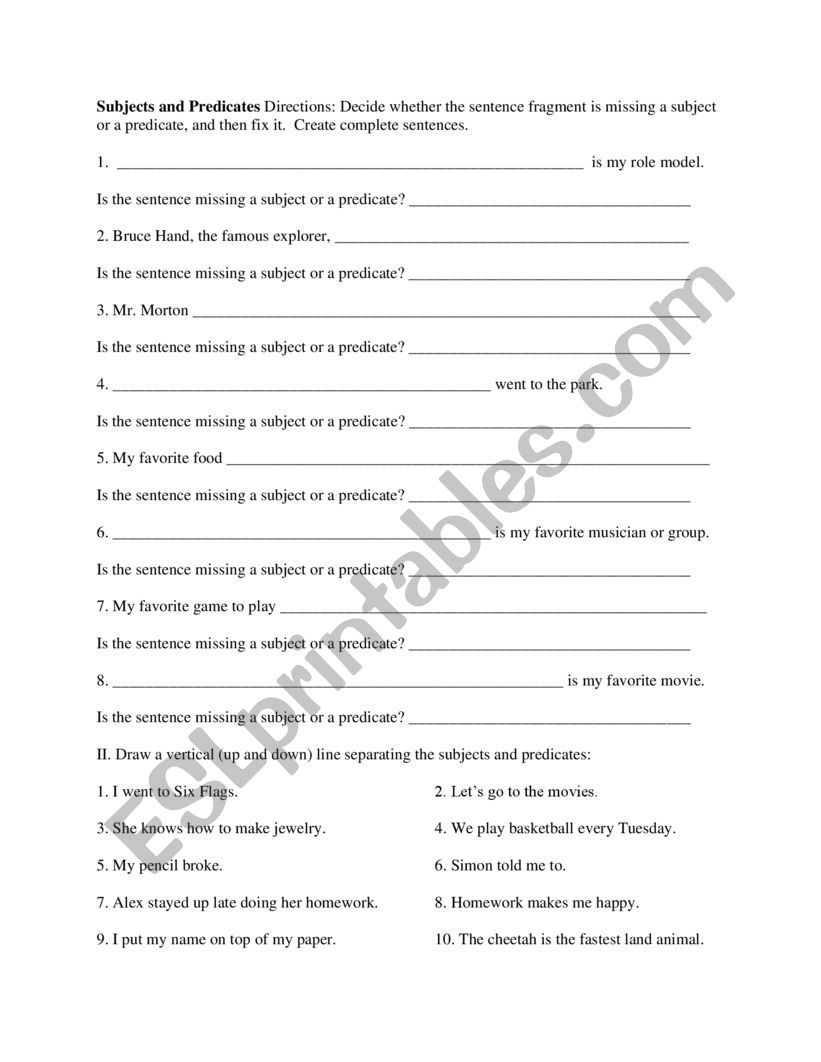 SUBJECT AND PREDICATE worksheet