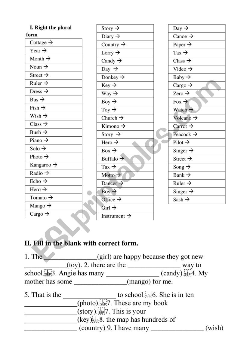 Singular - Plural Noun worksheet