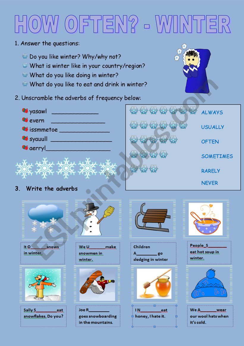 Adverbs of frequency - winter worksheet