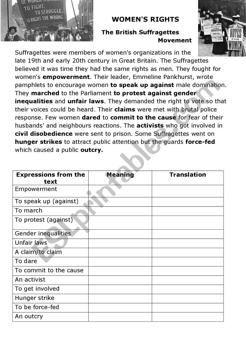 WomenÂ´s Rights worksheet