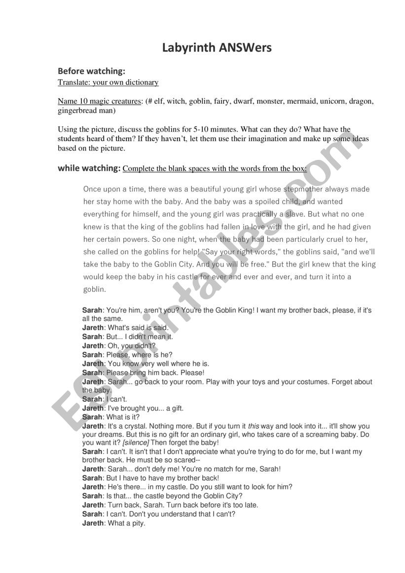 answers to the tasks for the film Labyrinth