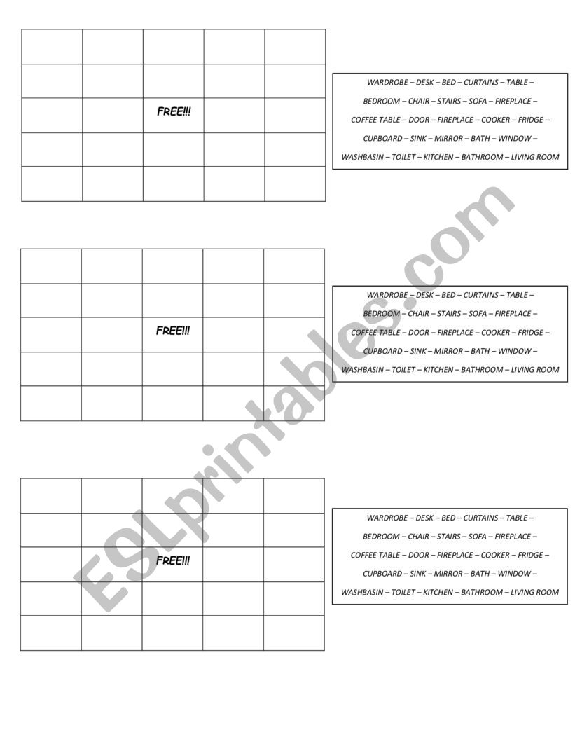 Bingo! Parts of the house worksheet