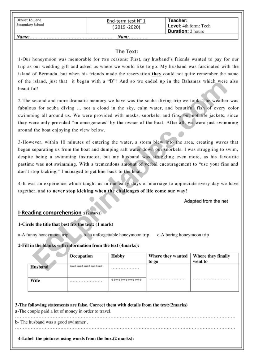endterm test N1 bac technique worksheet