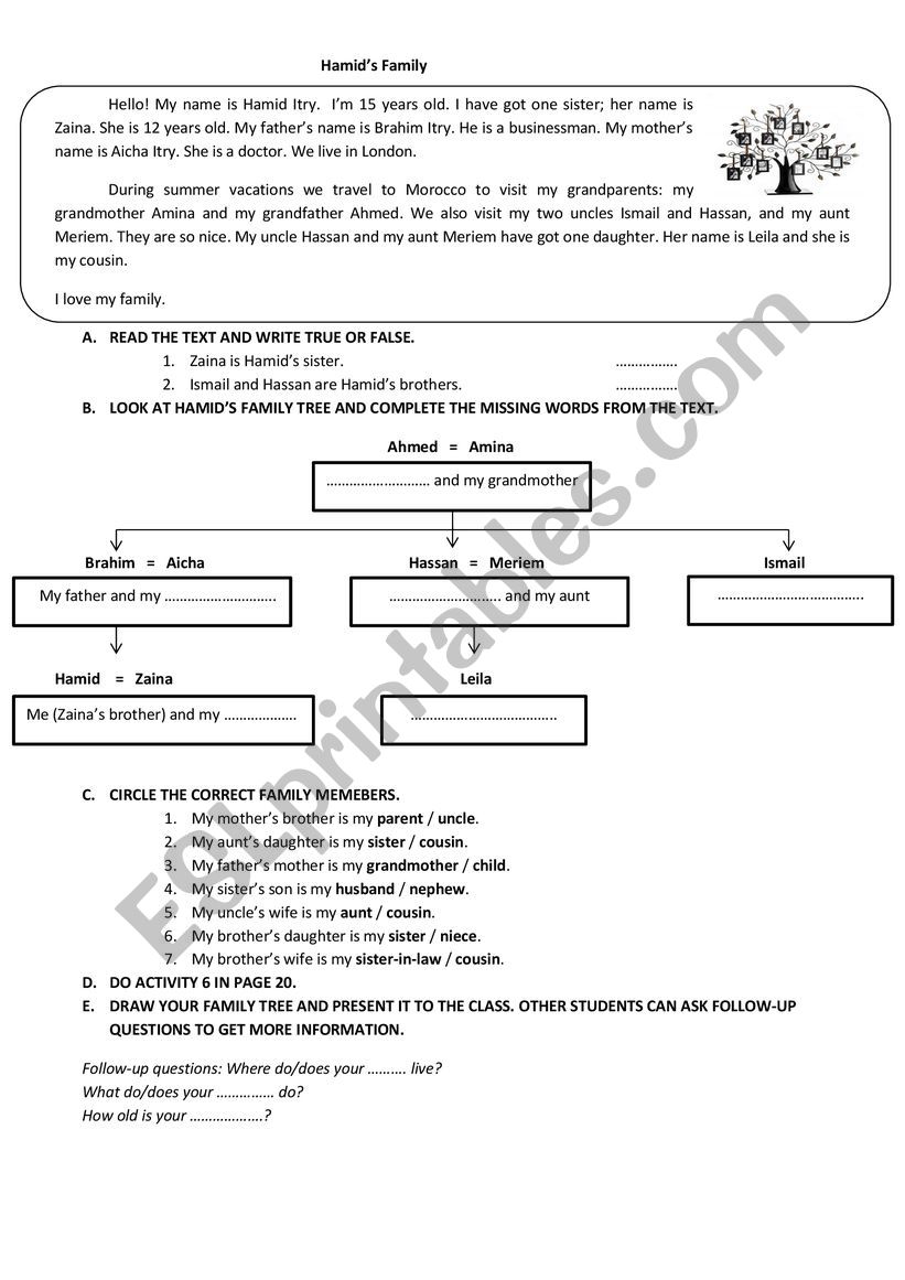 Family members worksheet