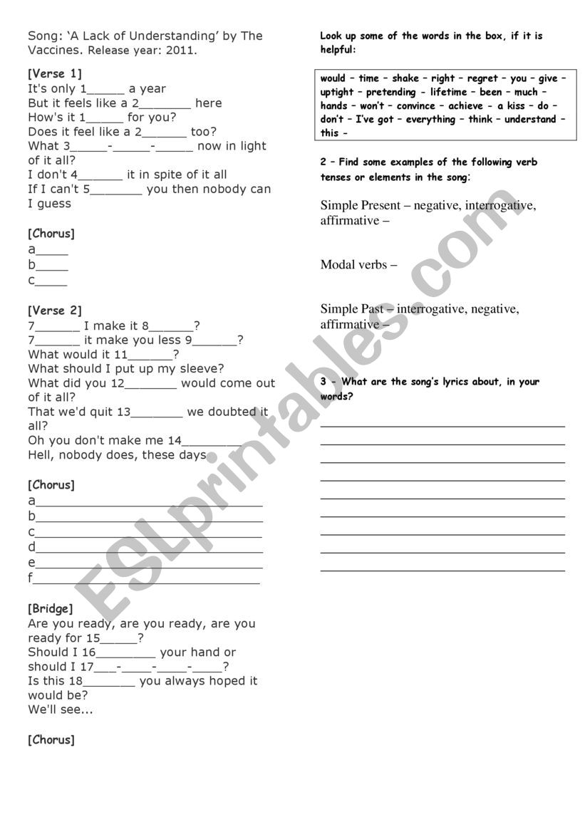 Song A lack of understanding by The Vaccines Listening exercise Worksheet
