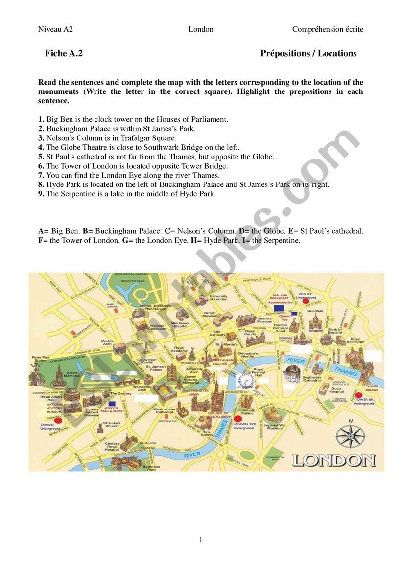 London Preposition Location worksheet