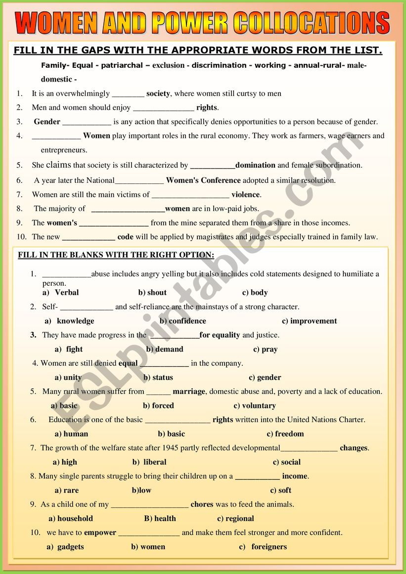 WOMEN AND POWER collocations worksheet