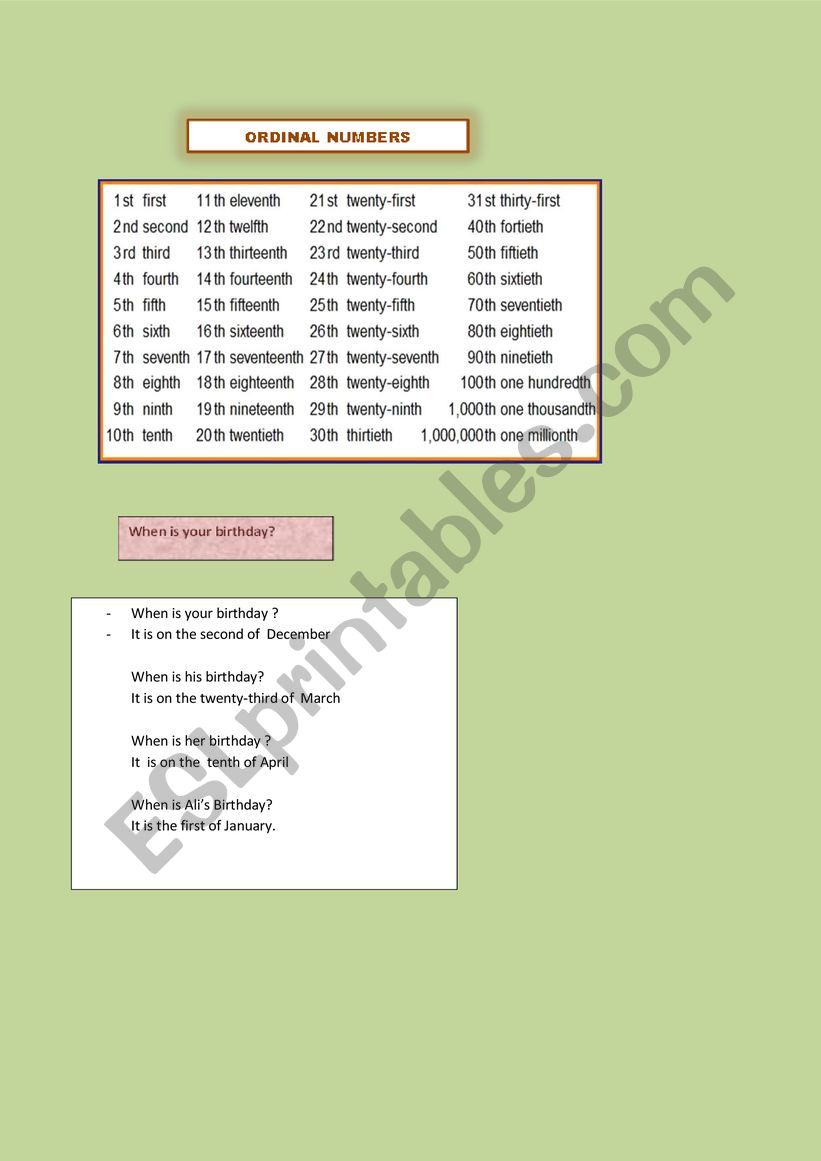 ordinal numbers worksheet