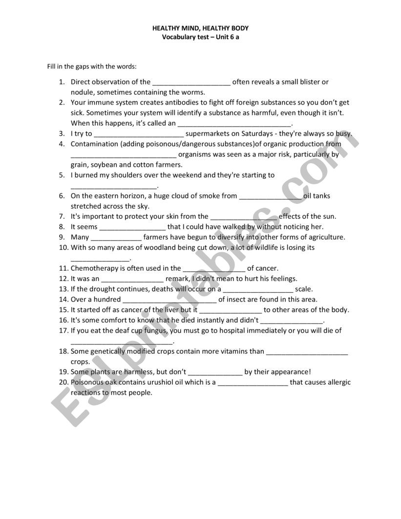 healthy mind, healthy body worksheet