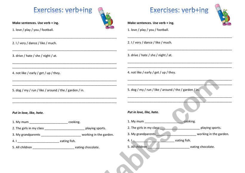 Verbs followed by -ing worksheet