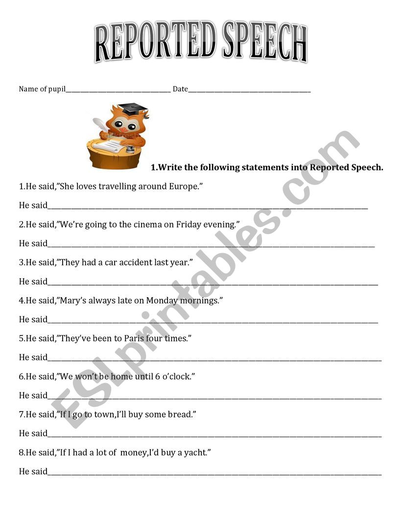 REPORTED SPEECH worksheet