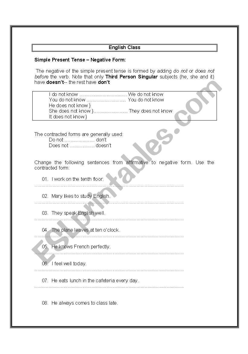 simple present tense negative  form