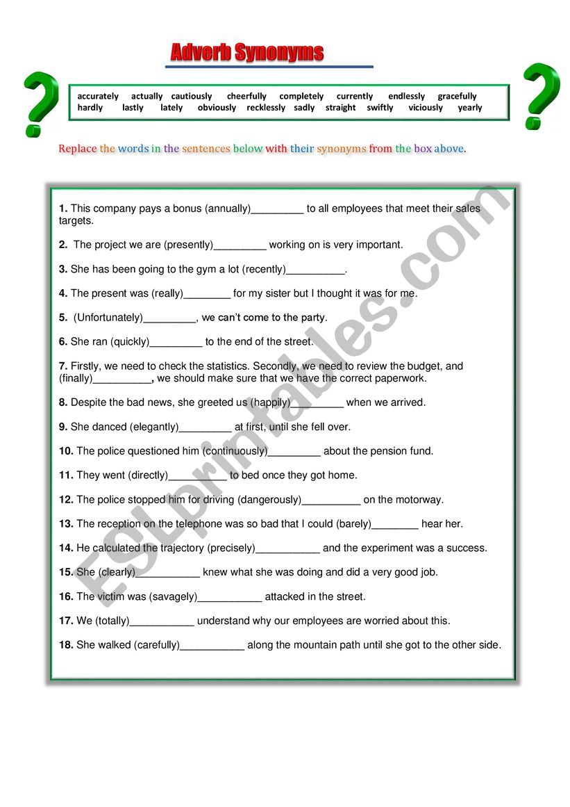 Adverb Synonyms: Worksheets and games