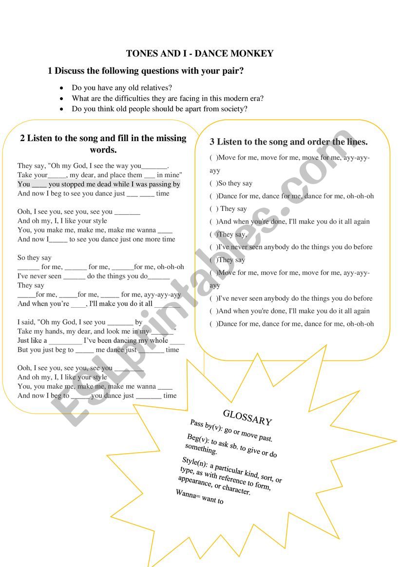 Tones and I- Dance Monkey worksheet