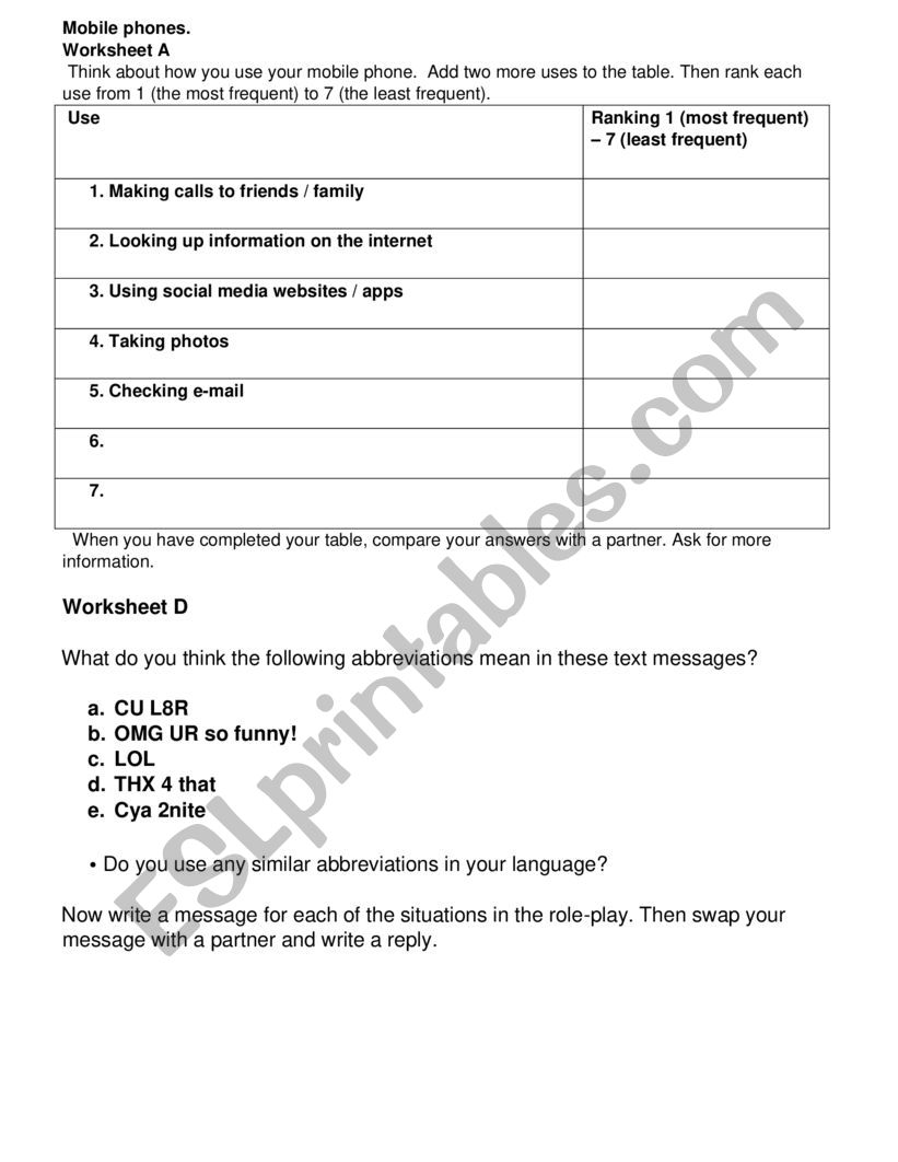 Smart phones worksheet